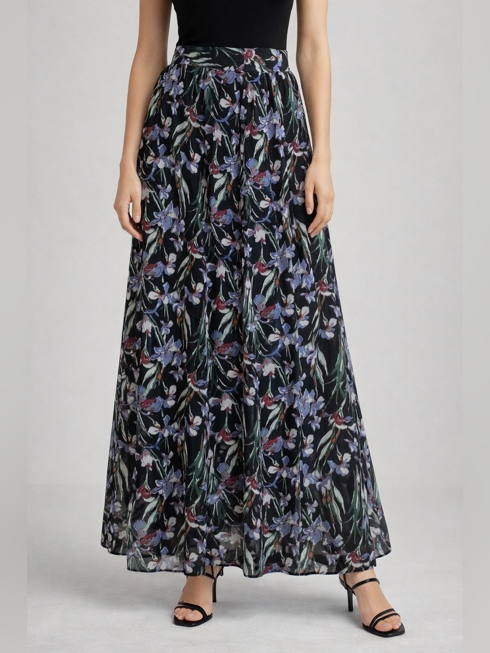 Lapis Floral Maxi Skirt Black Blue Iris Print Lined Boho Whimsigoth Size M